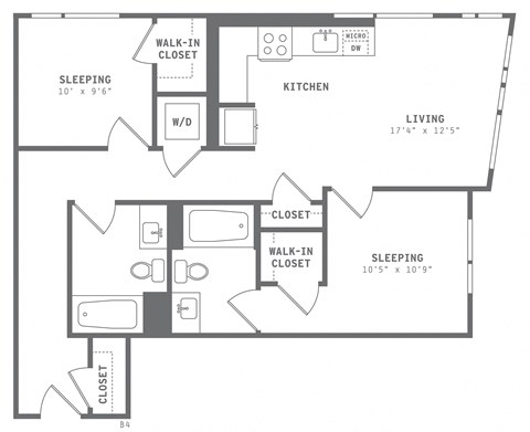 Floor plan for 2 beds, 2 baths, 884 sqft